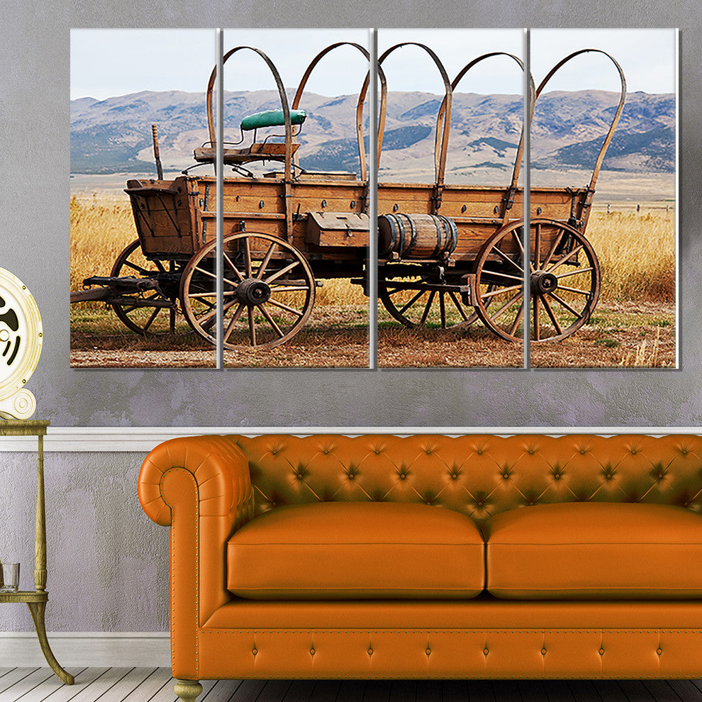 Old American Cart in Grassland, Landscape Canvas Art, 48"x28", 4 Panels