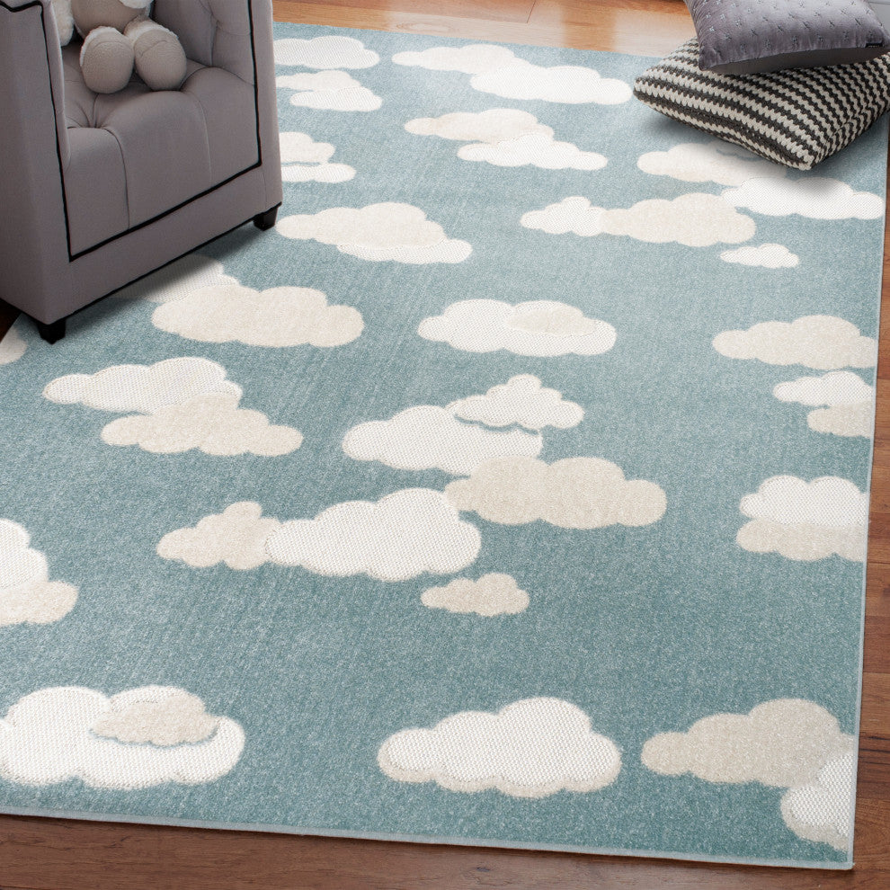 High-low Youth Cloud Scandi Rug Blue/Ivory 5 ft x 8 ft Indoor/Outdoor Area Rug