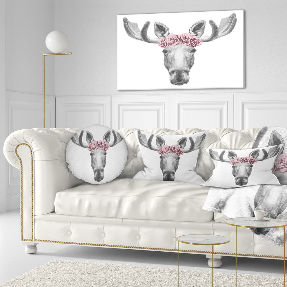 Moose With Floral Head Wreath Moose Throw Pillow, 12"x20"