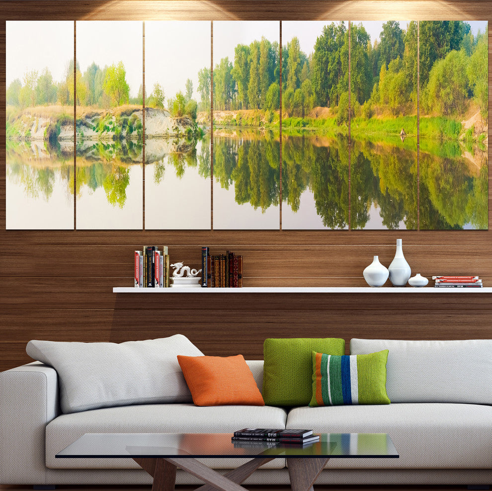 River and Forest Panorama, Landscape Canvas Art Print, 83"x32", 7 Panels