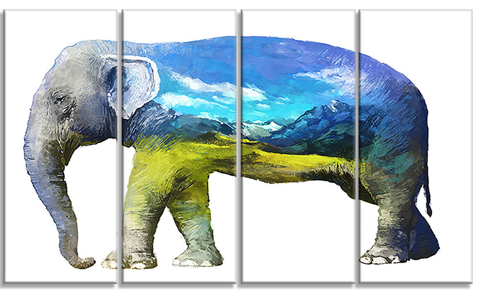 Elephant Double Exposure Illustration, Animal Canvas Print, 48"x28", 4 Panels