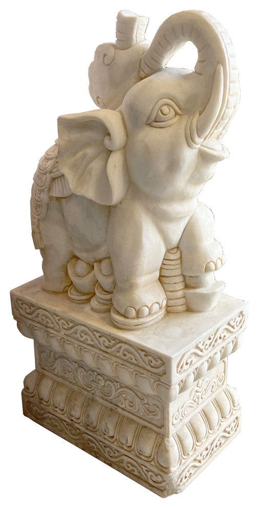 Chinese Pair White Marble Stone Fengshui Elephant Trunk Up Statues Hcs7637