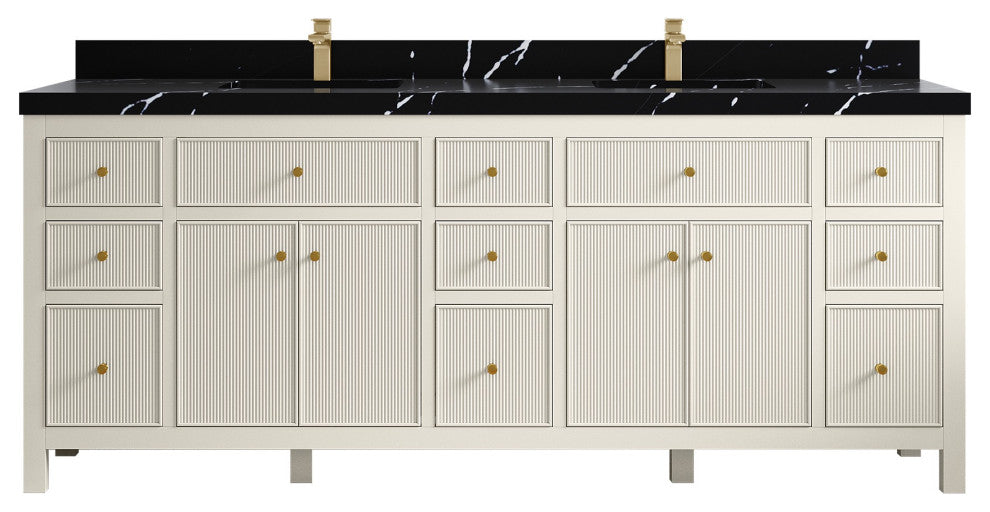 Sonoma 84" Double Sink Bath Vanity in Alabaster, 2" Calacatta Black