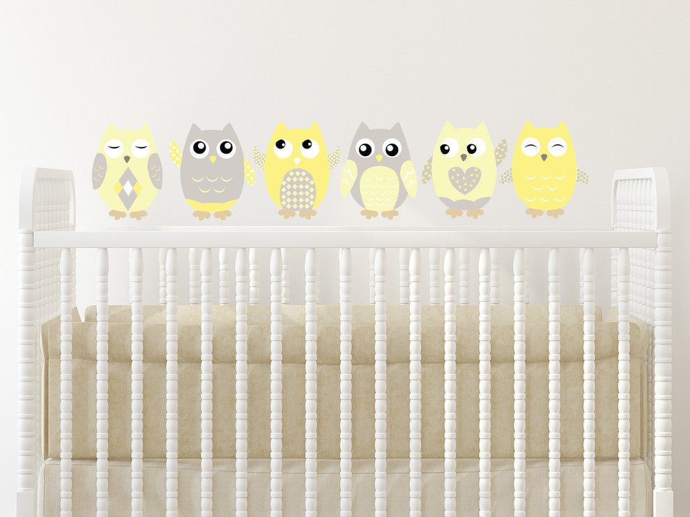 Owls Fabric Wall Decals, Set of 6, Yellow, 8" Tall