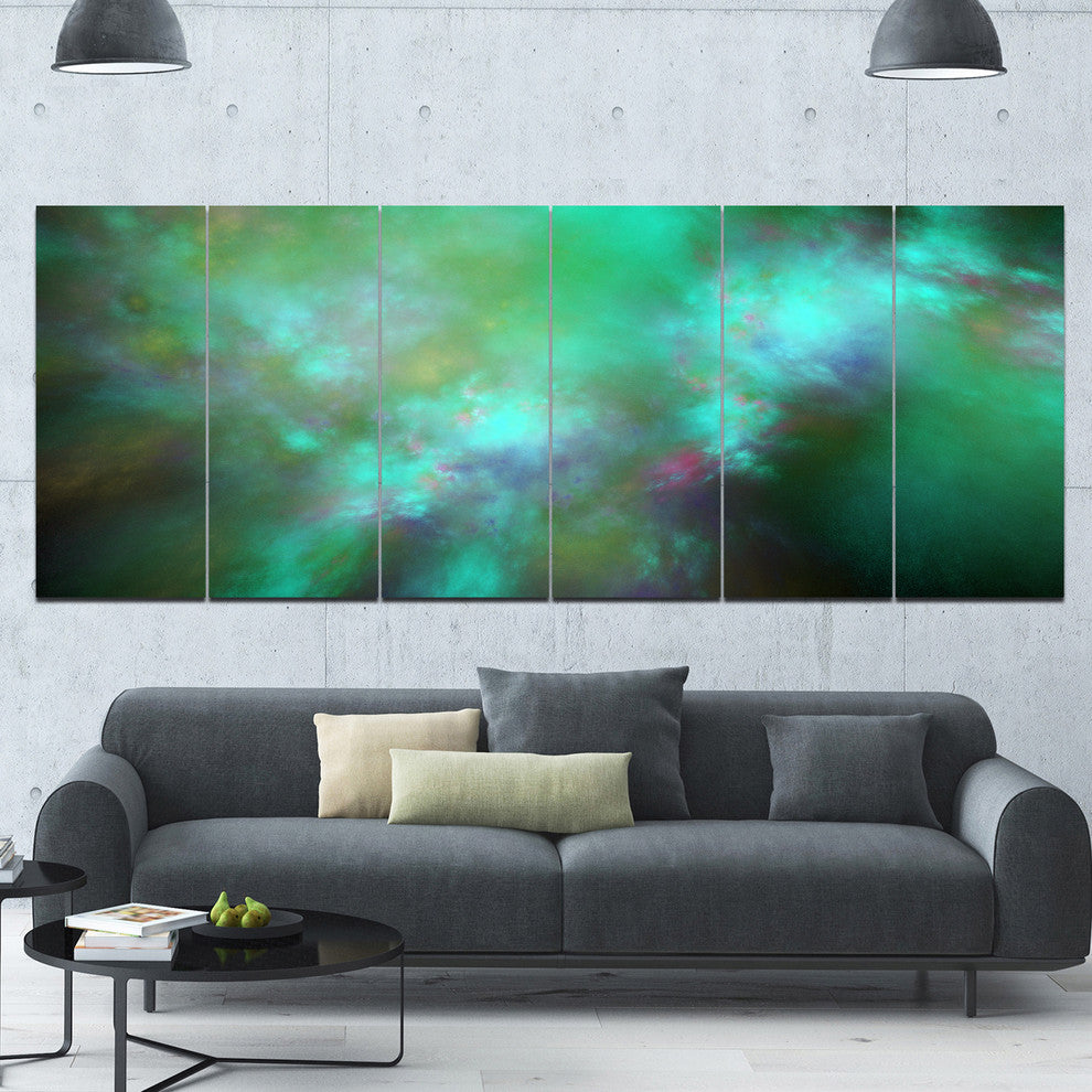 Blue Fractal Sky with Blur Stars, Abstract Canvas Art Print, 70"x28", 6 Panels