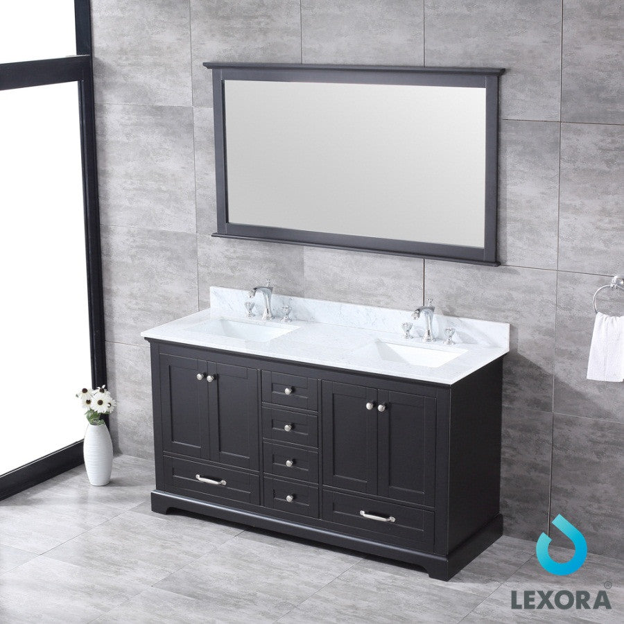 Dukes 60" Espresso Double Vanity Carrara Marble Top Sinks, 58" Wall Mirror