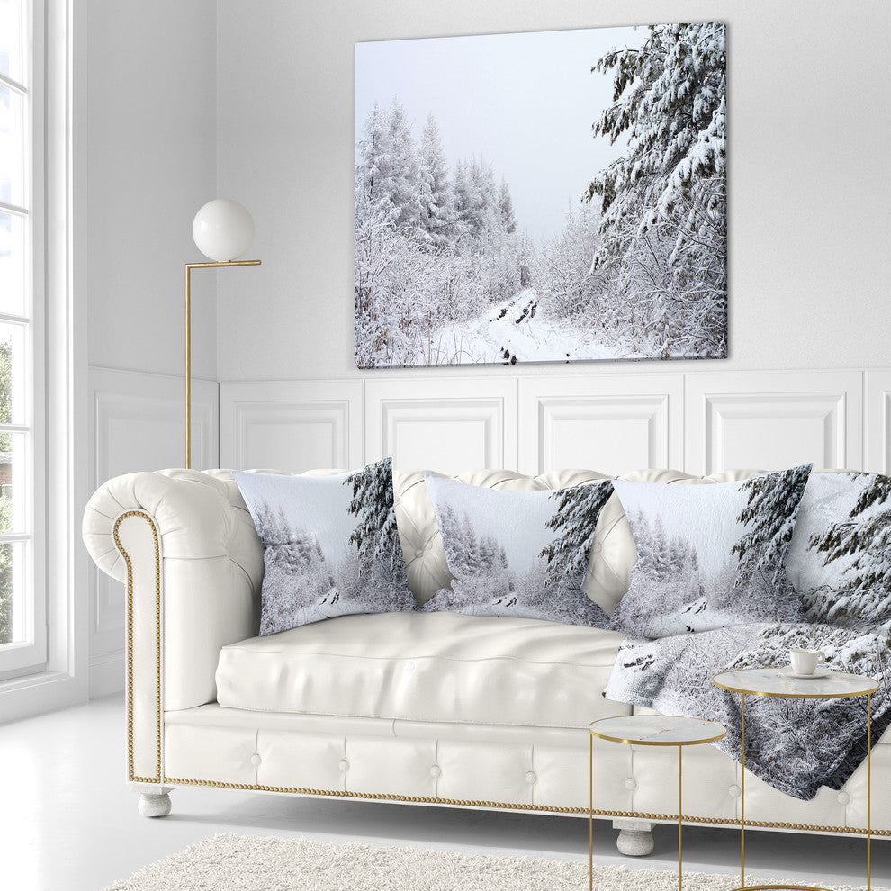 Frosted Forest Trail in Fall Landscape Photo Throw Pillow, 16"x16"