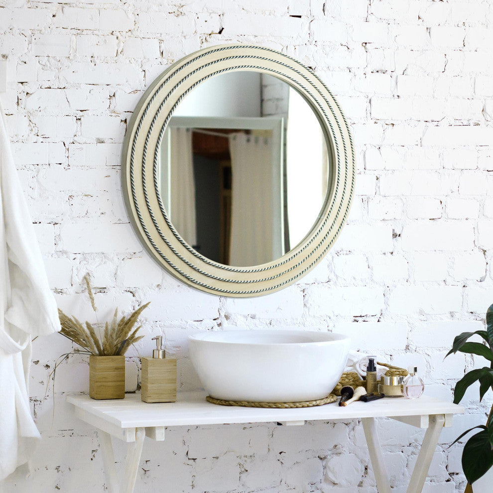 Rustic Neutral Wood Framed Round Wall Mirror With Inlaid Rope