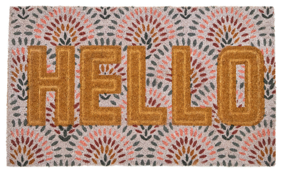 Brown and Pink "Hello" Floral Coir Outdoor Doormat 18" x 30"