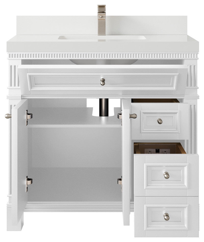 Paris 36" Center Sink Bathroom Vanity, White 2" White Quartz
