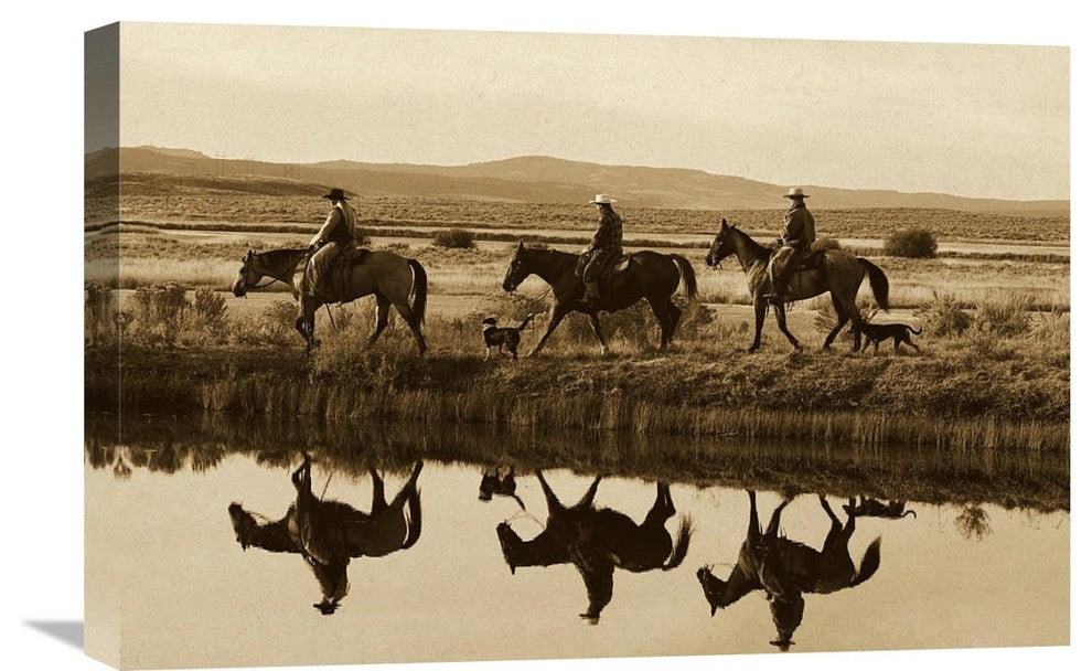 "Cowboys And A Cowgirl Riding Horses Beside Pond, Oregon - Sepia" Artwork