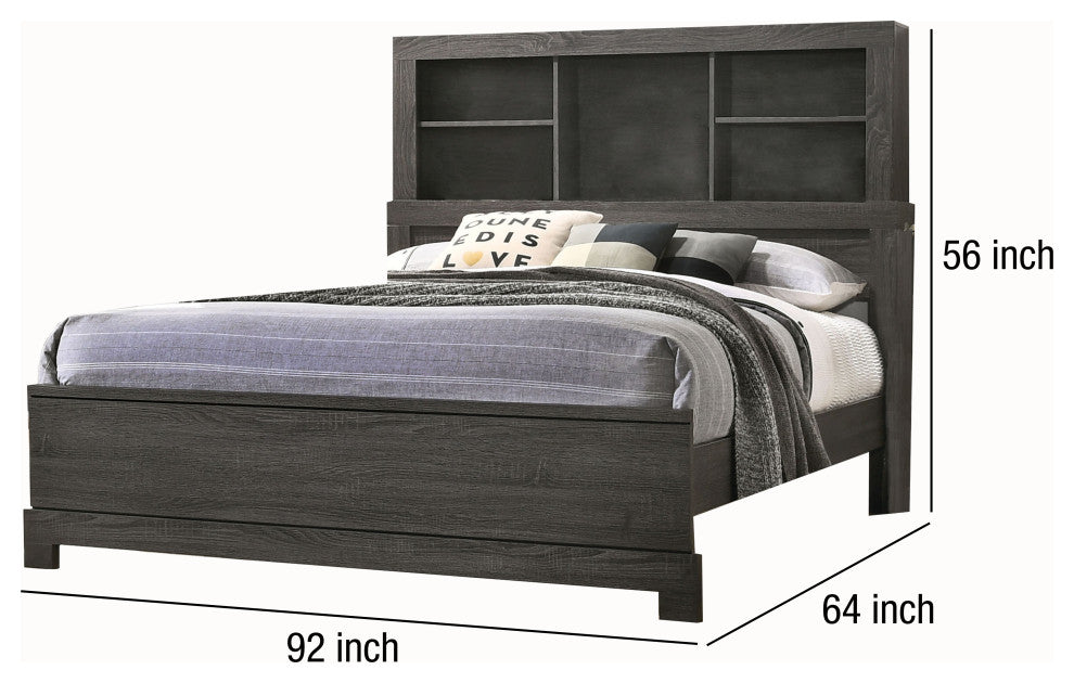 Benzara BM214926 Wooden Queen Size Low Profile Size Bed Bookcase Headboard, Gray