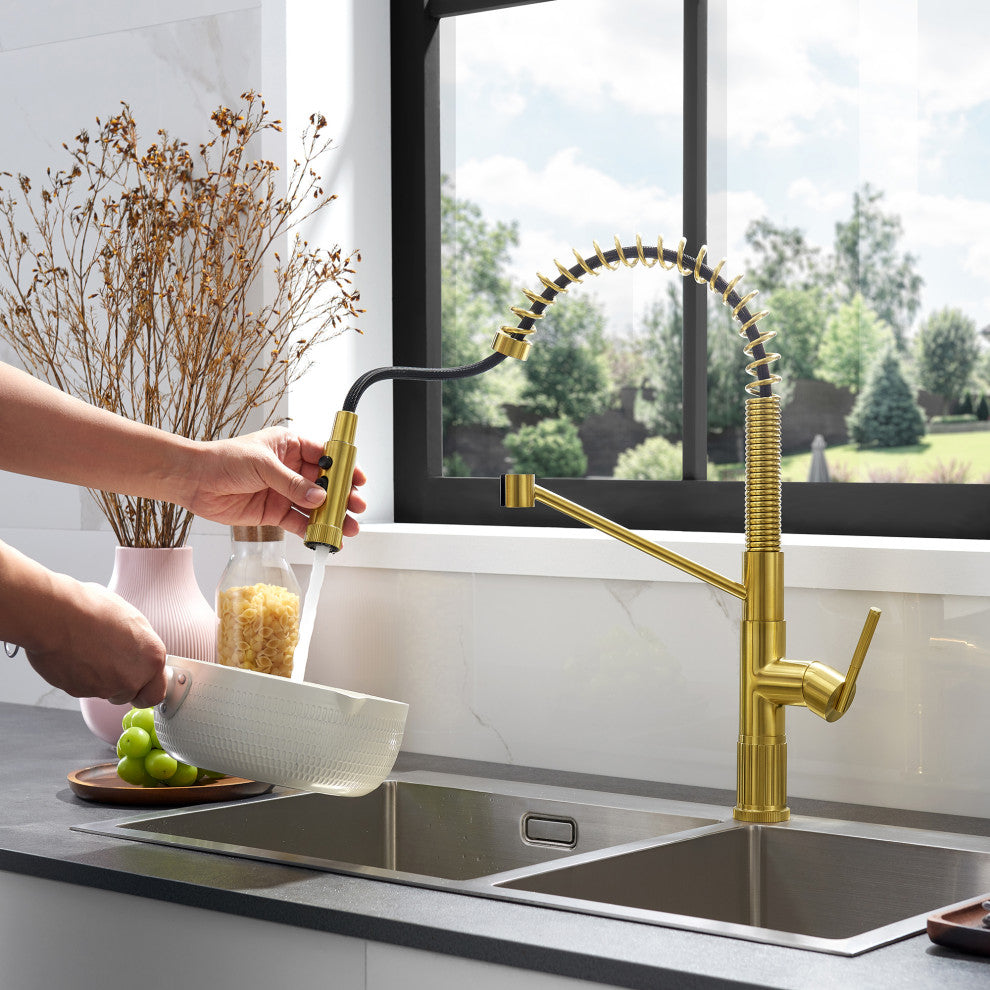 Nette Single-Handle Kitchen Faucet With Pull Down Sprayer, Brushed Gold