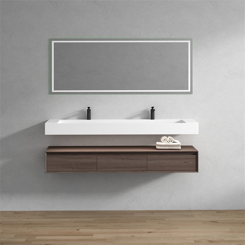 Alysa 72'' Floating Vanity, Acrylic Sink, Double Faucet Hole, Red Oak