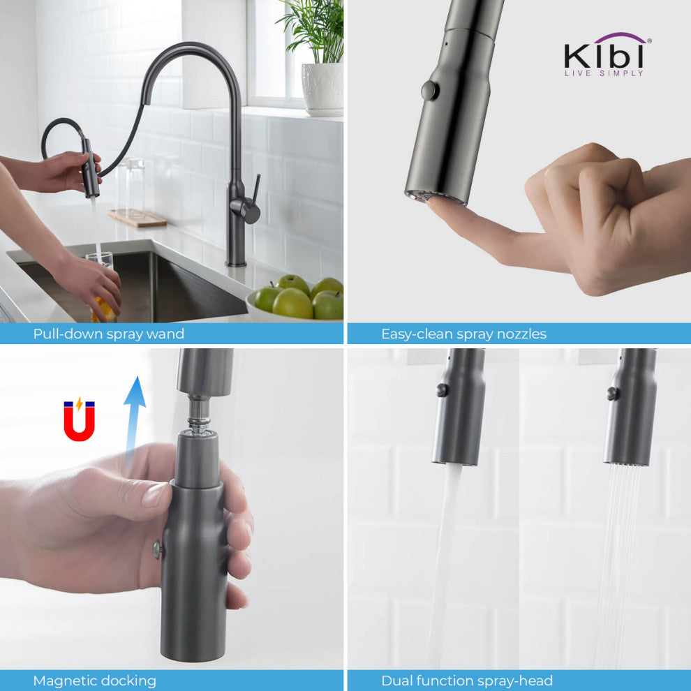KIBI Hilo Single Handle Pull Down Kitchen Faucet, Titanium, W/ Soap Dispenser