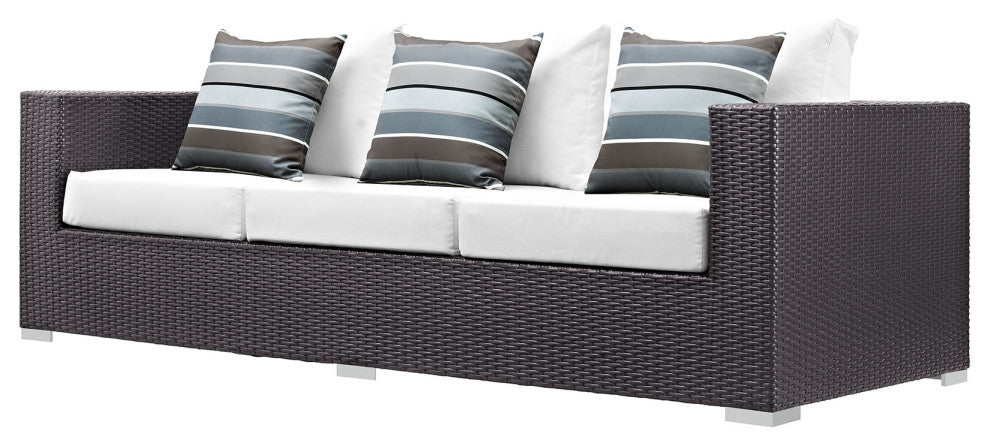 Lounge Sectional Sofa and Table Set, Rattan, Wicker, Dark Brown White, Outdoor