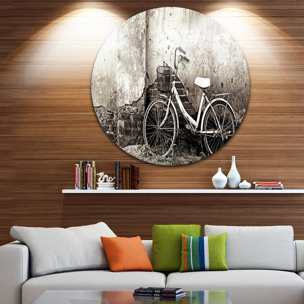 Old Bicycle And Cracked Wall, Photography Large Disc Metal Artwork, 11"