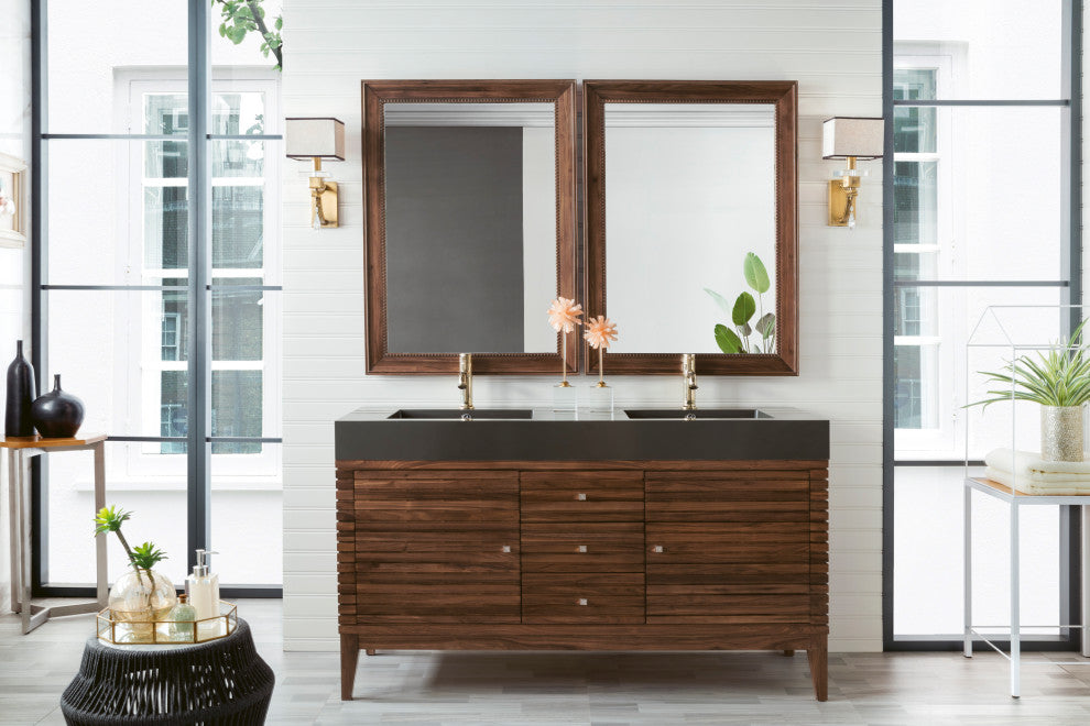 Linear 59" Double Vanity,Mid Century Walnut,Glossy Dark Gray Top,No Mirror