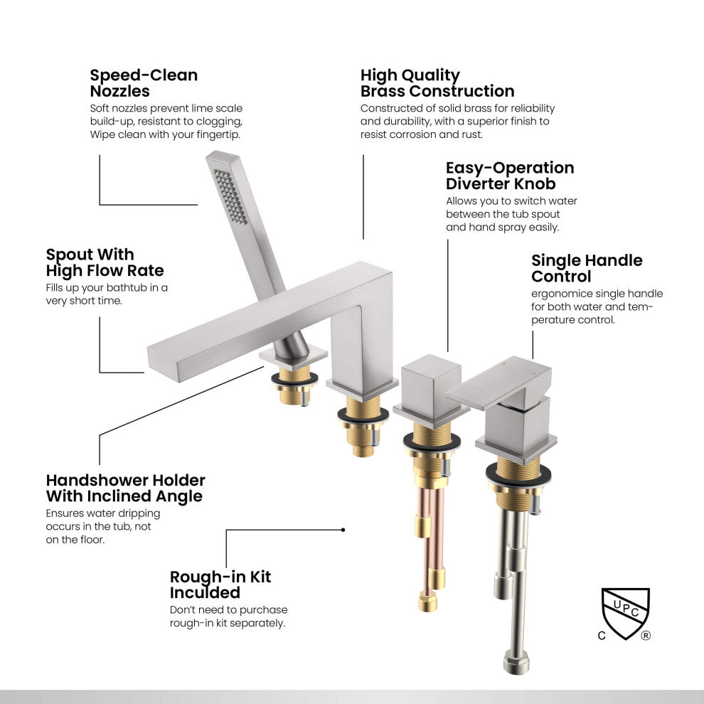 Cube Deck Mounted Bathtub Faucet With Hand Shower, Brushed Nickel