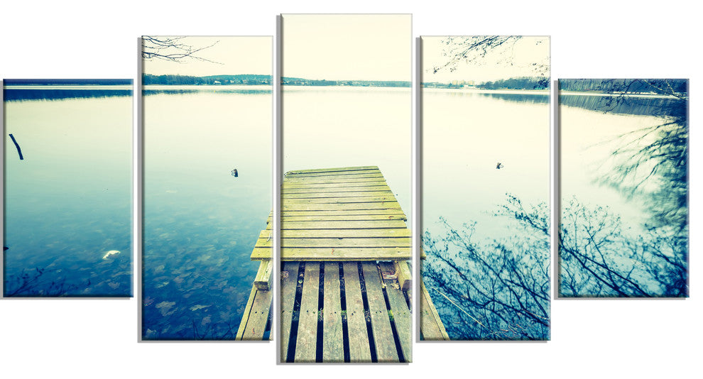 Sunset Over Tranquil Lake, Bridge Canvas Art Print, 60"x32", 5 Panels