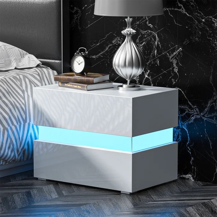 Modern LED Light Nightstand w/2 Drawers with 20 Colors, White
