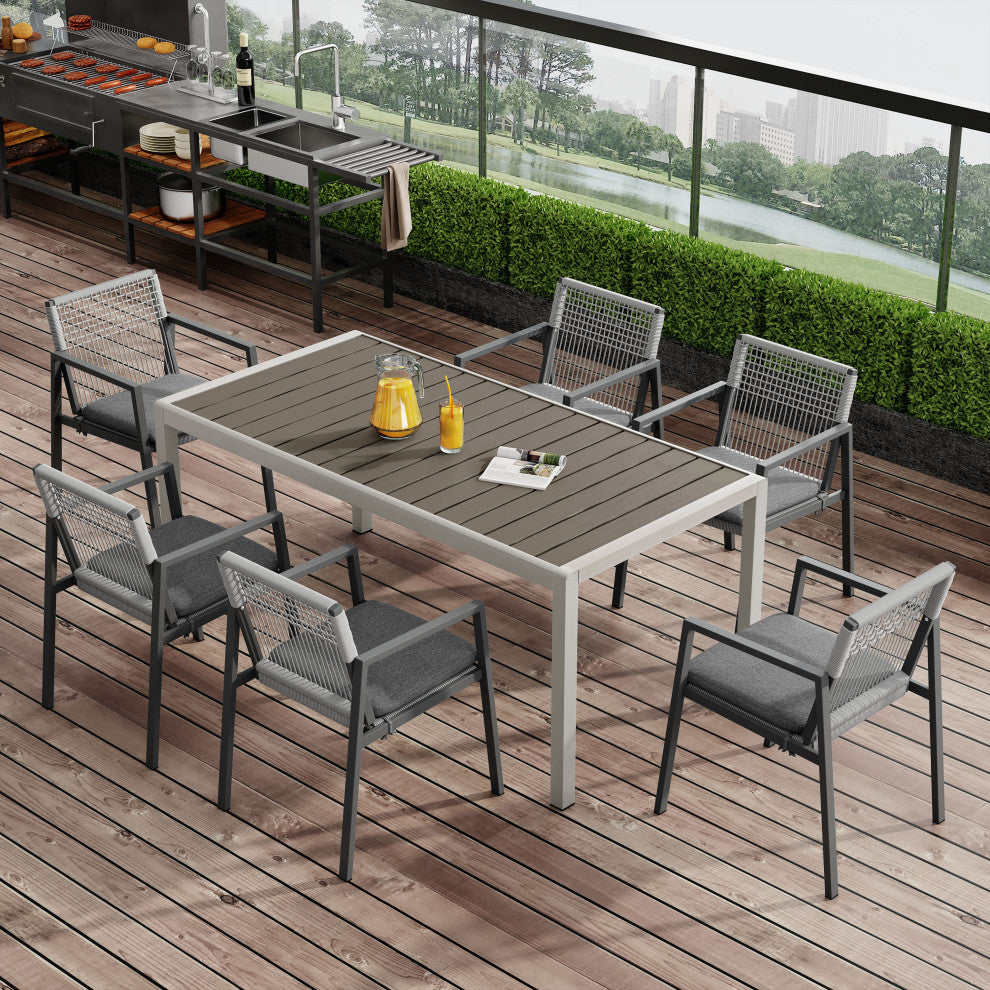 GDF Studio 7-Piece Outdoor Dining Set With Chairs & Table, Gray/Black/Silver