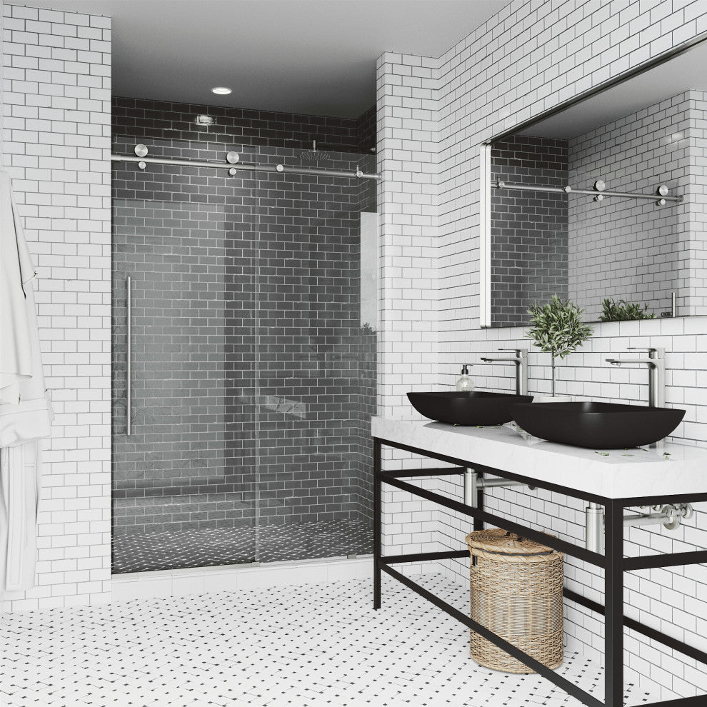 VIGO Elan E-Class 48" to 52" W x 76" H Frameless Sliding Shower Door, Stainless Steel, Clear Glass