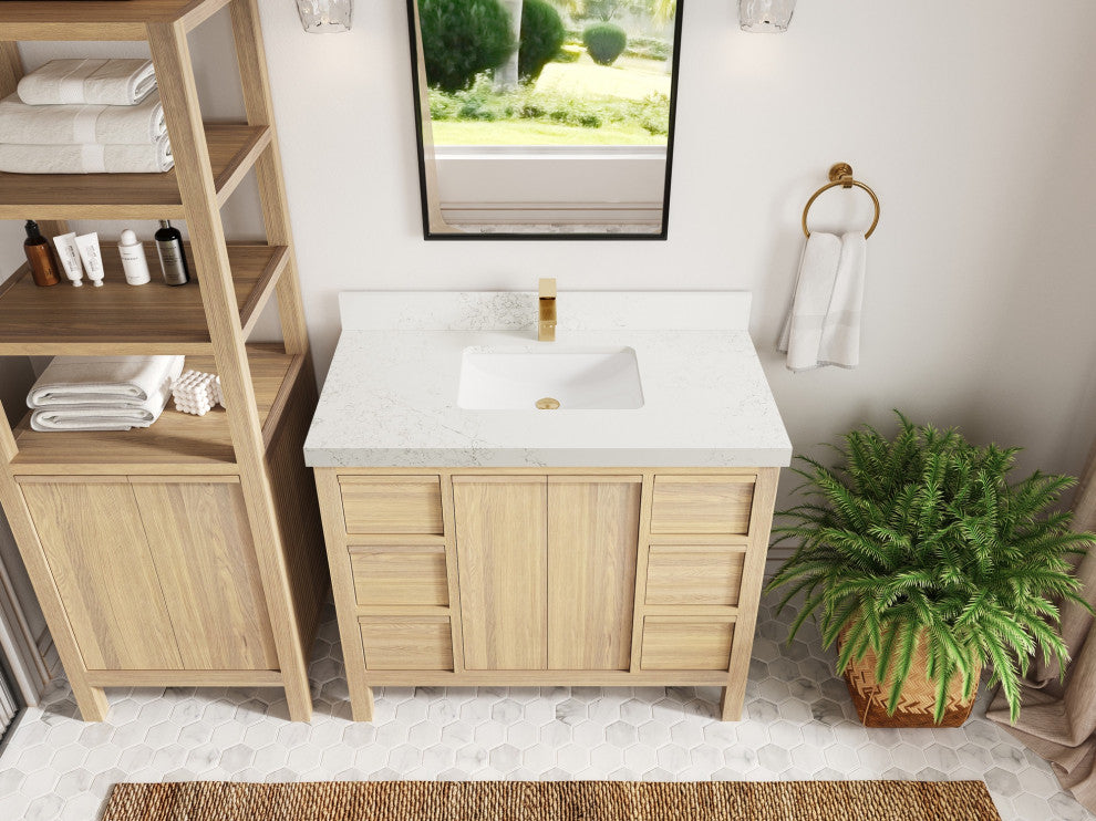 Elizabeth Oak 42" Single Sink Vanity, White 2" Empira Quartz