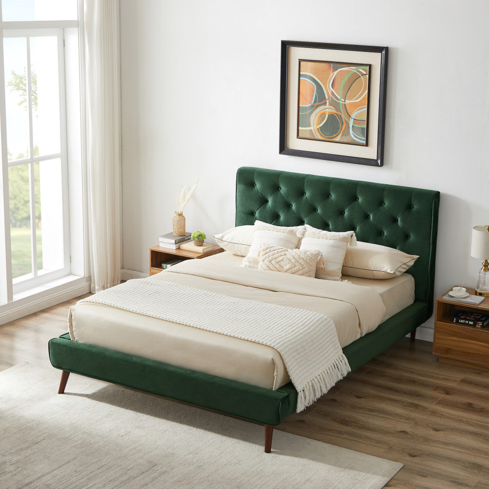 Ashley Midcentury Velvet Tufted Solid Wood Platform Bed, Green, Queen