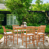 7 Piece Teak Wood Castle 71" Rectangular Bistro Bar Set with 6 Barstools w/ Arms