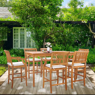 7 Piece Teak Wood Castle 71" Rectangular Bistro Bar Set with 6 Barstools w/ Arms