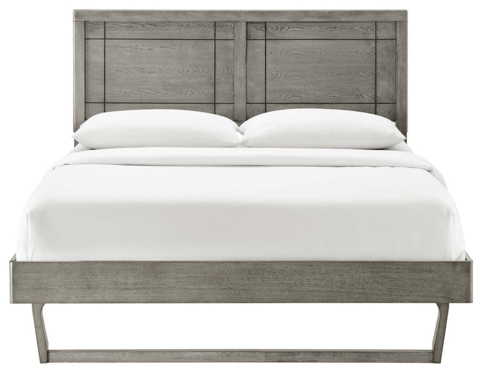 Platform Bed Frame, King Size, Wood, Gray, Modern Mid-Century, Bedroom