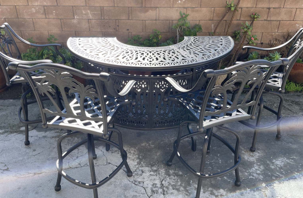 5-Piece Outdoor Bar Set Cast Aluminum Patio Table and 4 Palm Tree Swivel Stools
