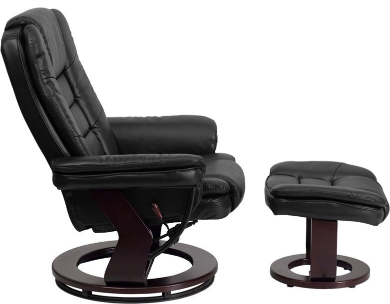 Leather Recliner and Ottoman, Mahogany Wood Base, Black Leather