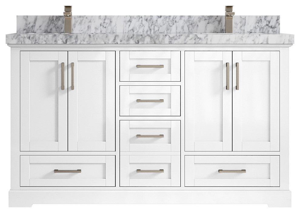 Boston 60 Double Bathroom Vanity in White 2" Carrara Marble