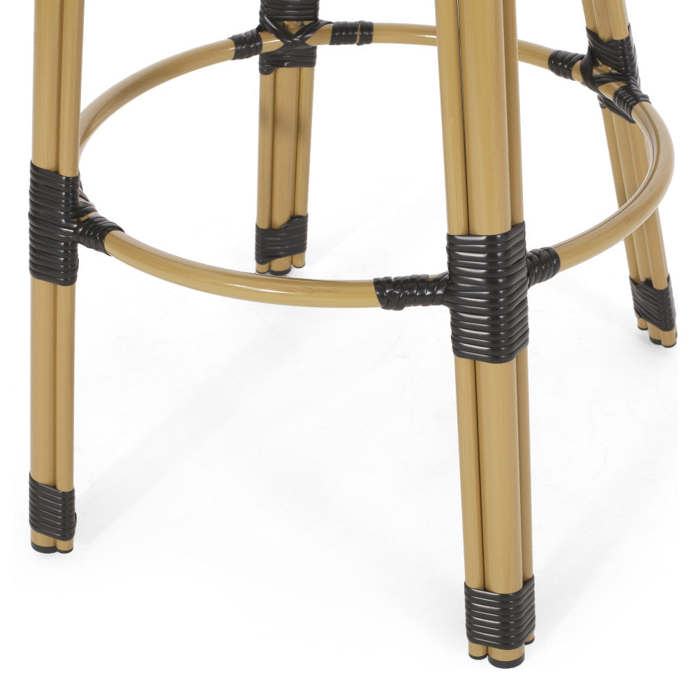 Cotterell Outdoor French Wicker and Aluminum 29.5" Barstools, Set of 2, Black/Bamboo Finish