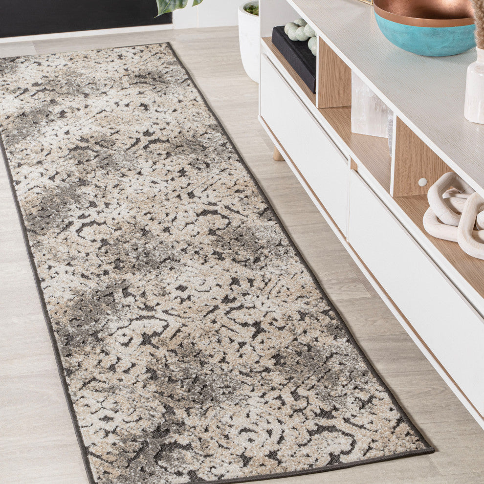 Duenas Damask Cream/Beige/Dark Gray 2 ft. x 8 ft. Indoor/Outdoor Runner Rug