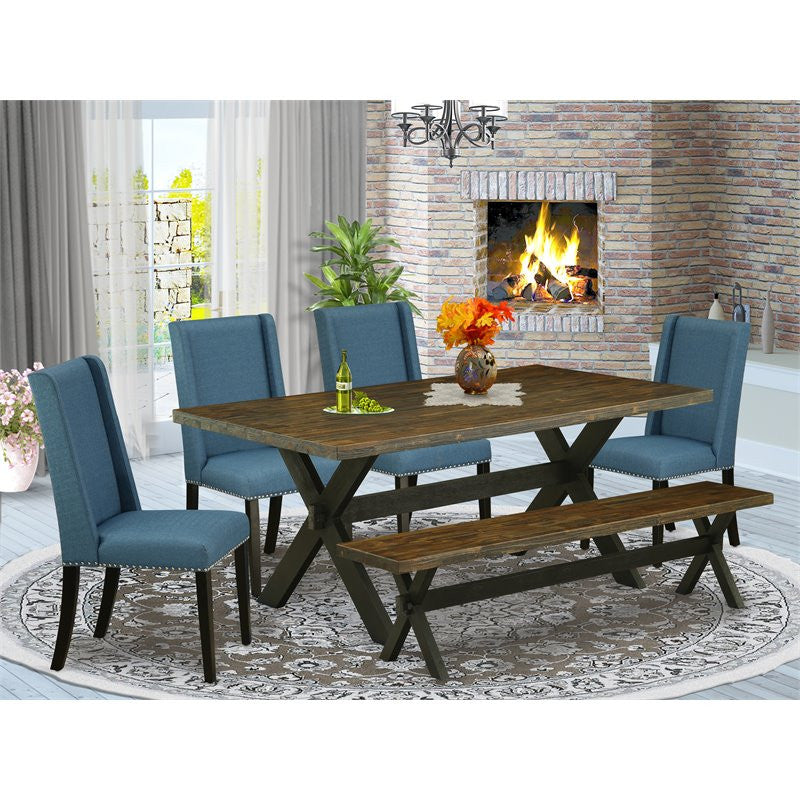 X677Fl121-6, 6-Piece Set Table and Jacobean Dining Bench and 4 Chairs, Black
