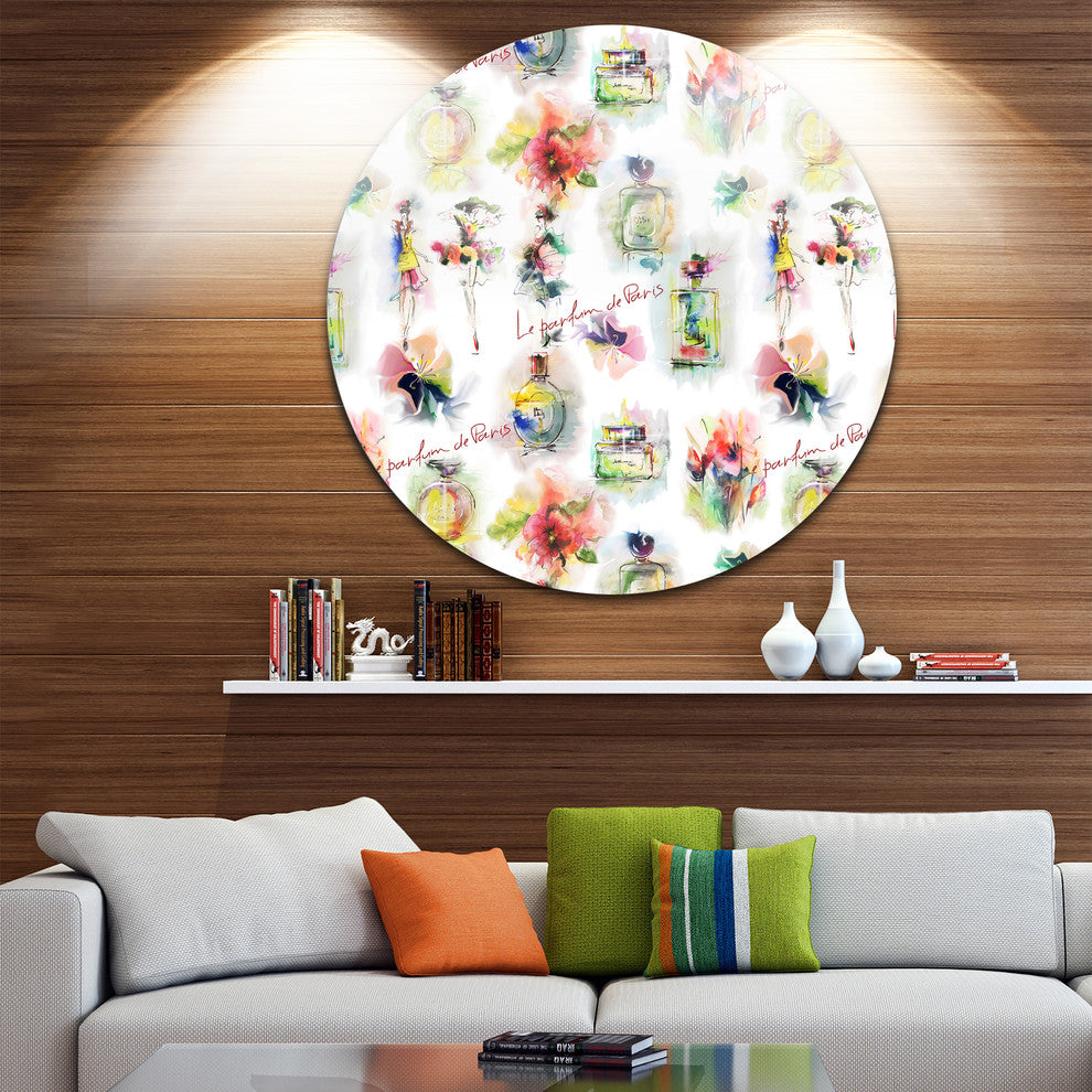 Perfume Bottles And Flowers, Digital Round Wall Art, 23"