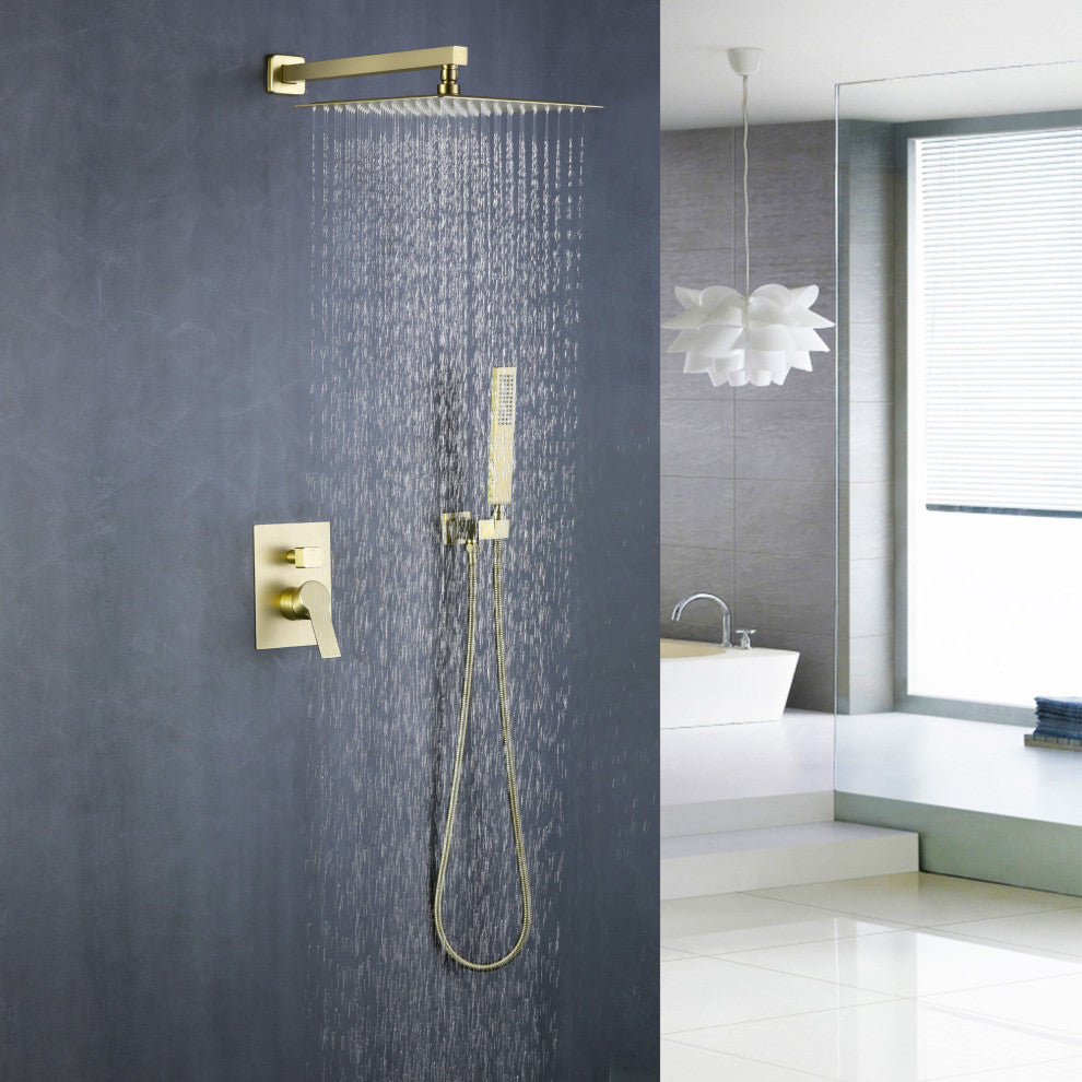 Wellfor Shower Faucet, 10" Rain Shower Head With Handheld Combo and Valve, Brushed Gold