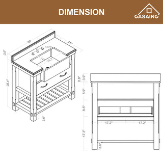Freestanding Bath Vanity in White with White Quartz Top, 36in