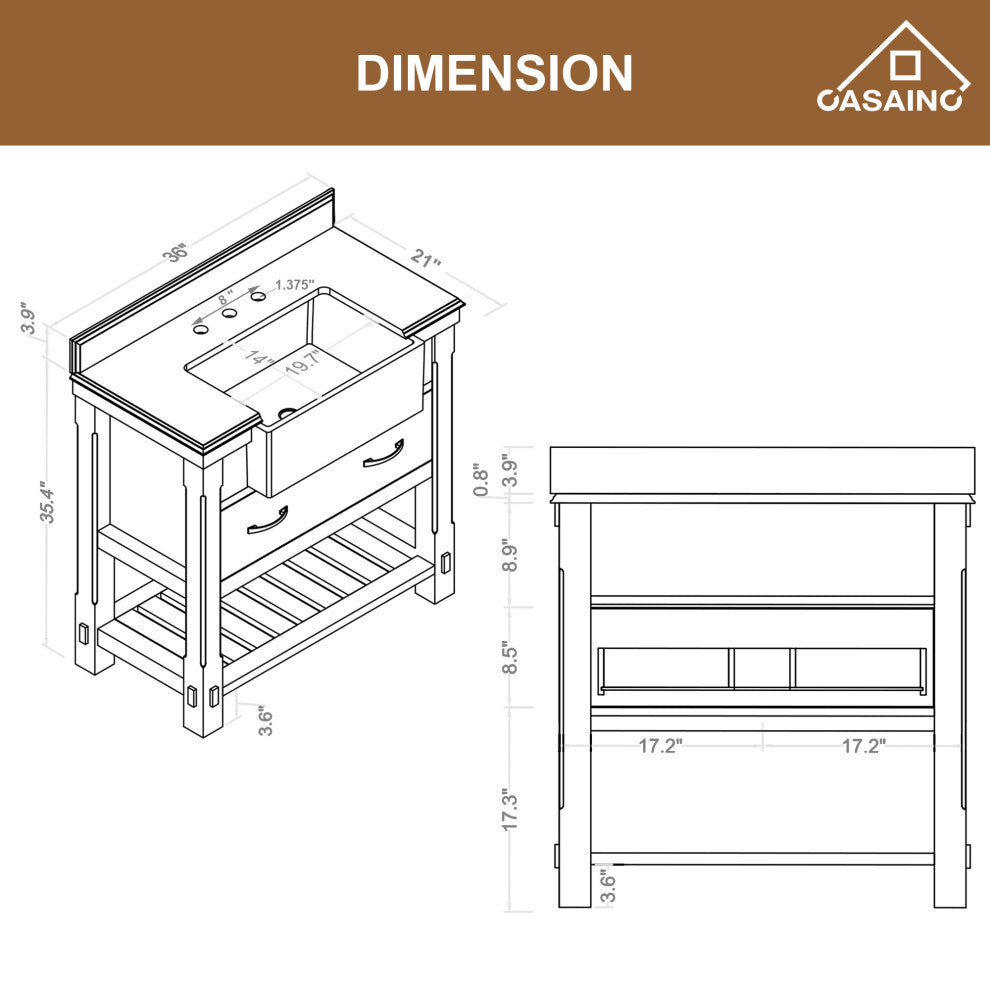 Freestanding Bath Vanity in White with White Quartz Top, 36in