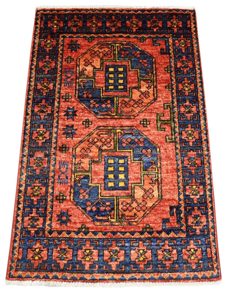 Coral Red Hand Knotted Afghan Ersari, Elephant Feet Design Wool Rug, 2'1" x 3'5"