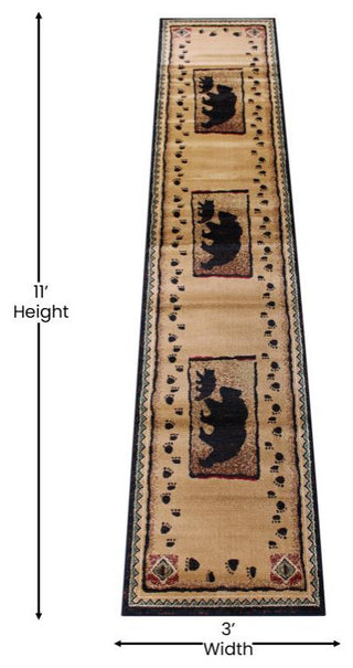 Matra Collection 2' x 10' Black Rustic Style Bear and Cub Area Rug