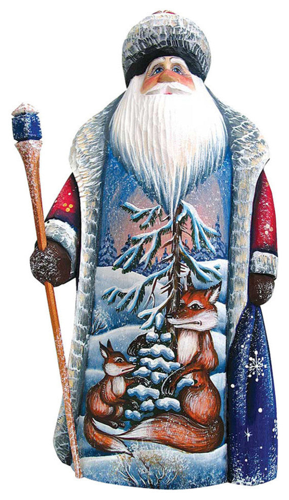 Artistic Wood Carved Santa Claus Fox Family Sculpture