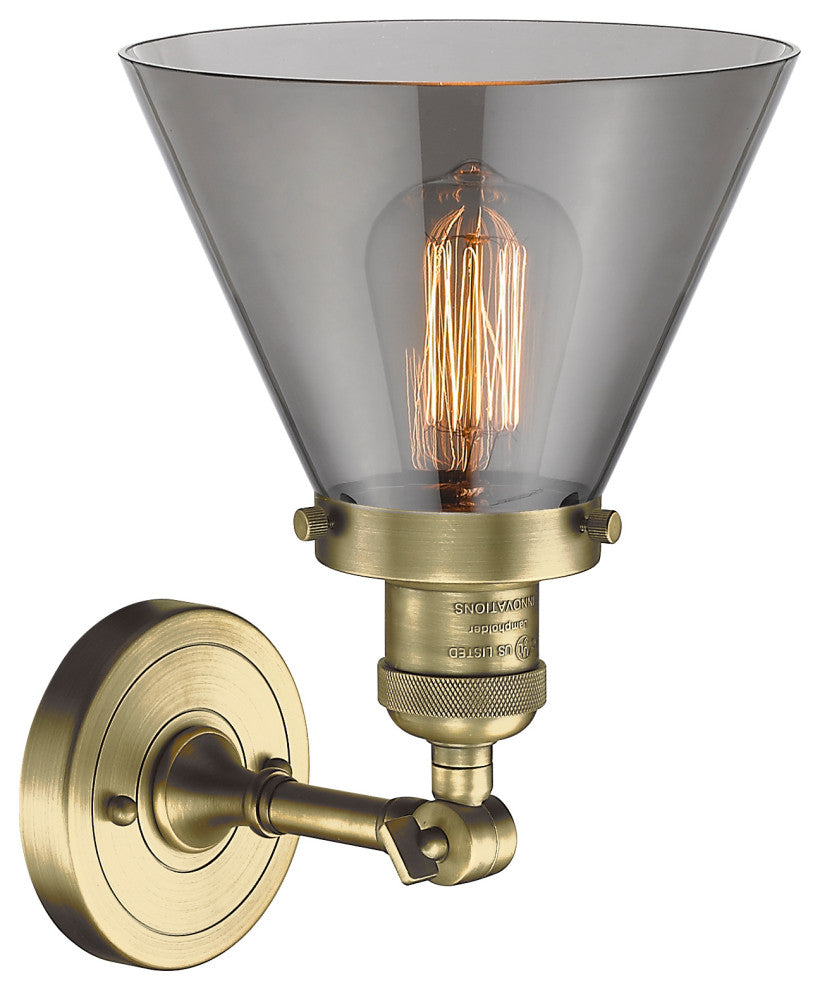 1-Light Large Cone 8" Sconce, Antique Brass, Glass: Smoked