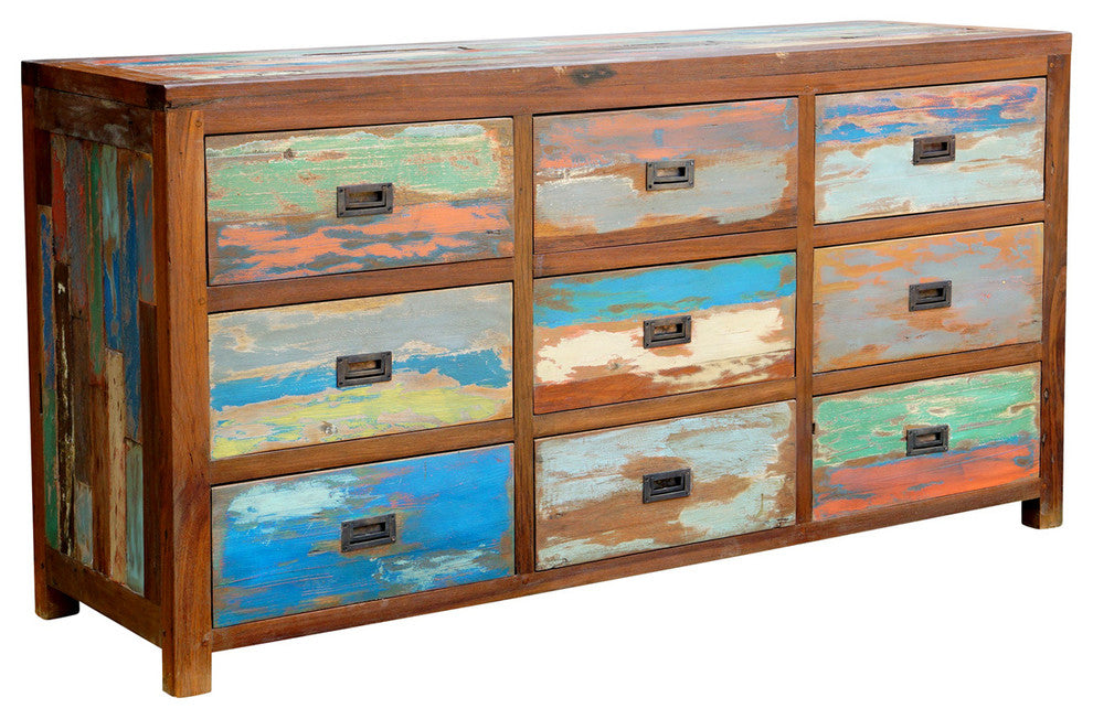 Dresser / Chest With 9 Drawers Made From Recycled Teak Wood Boats
