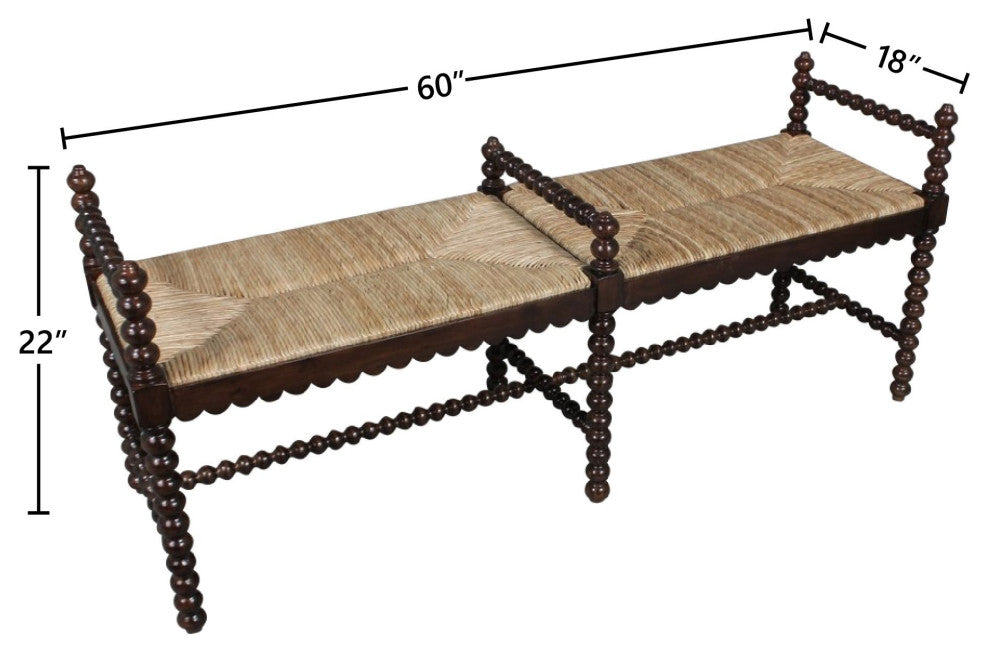 Isle of Man 60" Mahogany and Rush Accent Bench, Bobbin-Turned