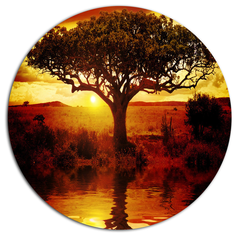Lonely Tree In African Sunset, African Landscape Round Artwork, 11"