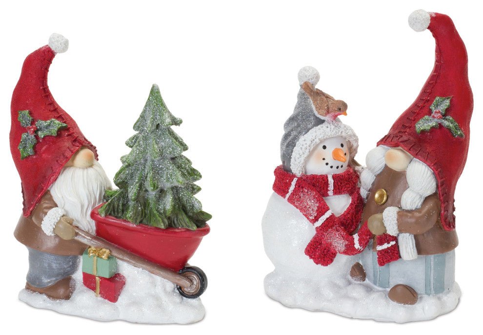 Gnome Figurine With Snowman and Pine Tree, 2-Piece Set